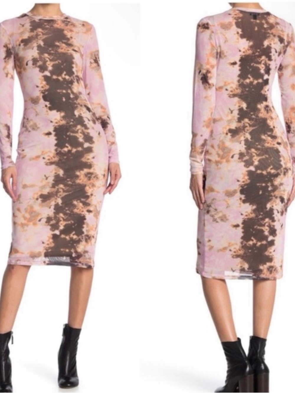 AFRM Sheer Mesh Bodycon Midi Dress Long Sleeve Abstract Print Small